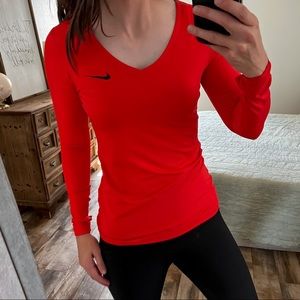 Nike Pro Dry Fit Red V-Neck Long Sleeve Top
